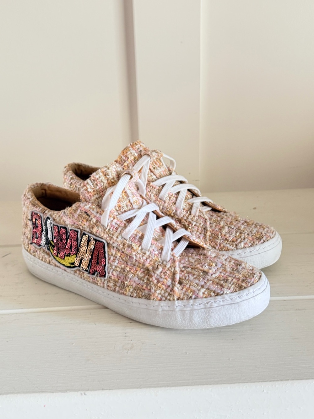 Zara Banana Sequin Tweed Plimsoll Low Top Sneakers Pink Gold Size 6.5 / 37 EUC